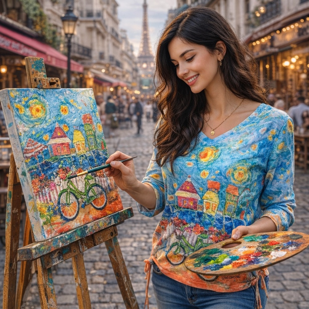 Leoma Lovegrove Artistic Bicycle Village Print Blouse  Colorful Painter Style(S)